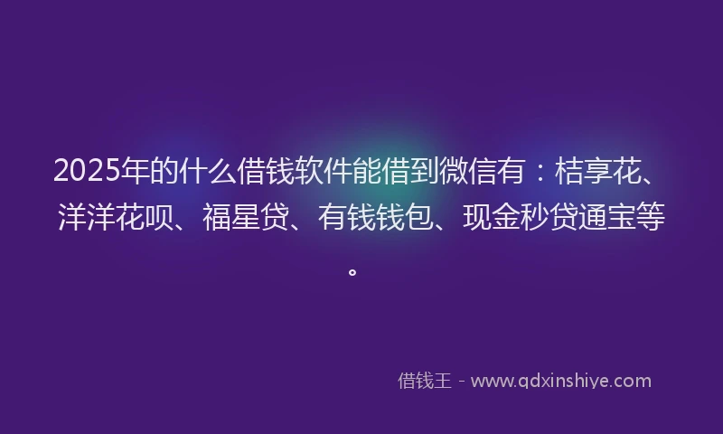 2025年的什么借钱软件能借到微信有：桔享花、洋洋花呗、福星贷、有钱钱包、现金秒贷通宝等。