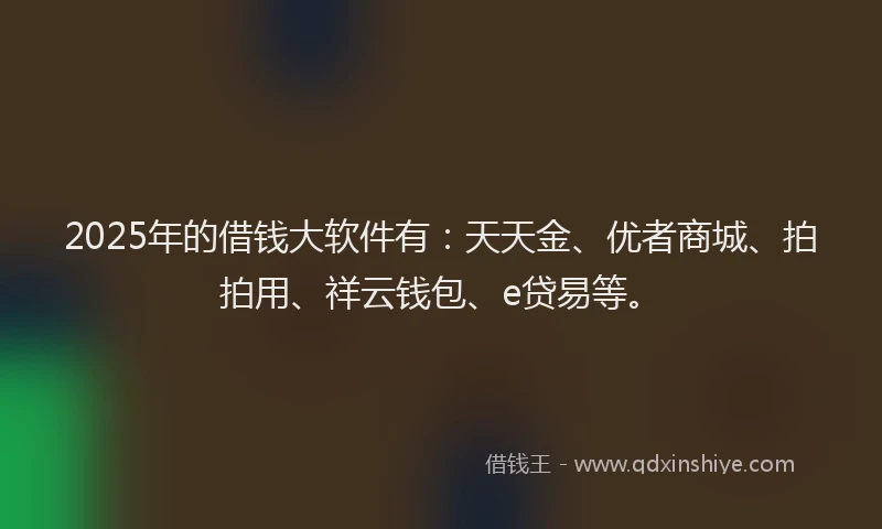 2025年的借钱大软件有：天天金、优者商城、拍拍用、祥云钱包、e贷易等。