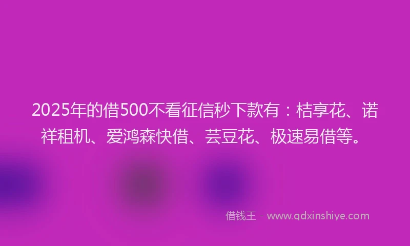 2025年的借500不看征信秒下款有：桔享花、诺祥租机、爱鸿森快借、芸豆花、极速易借等。