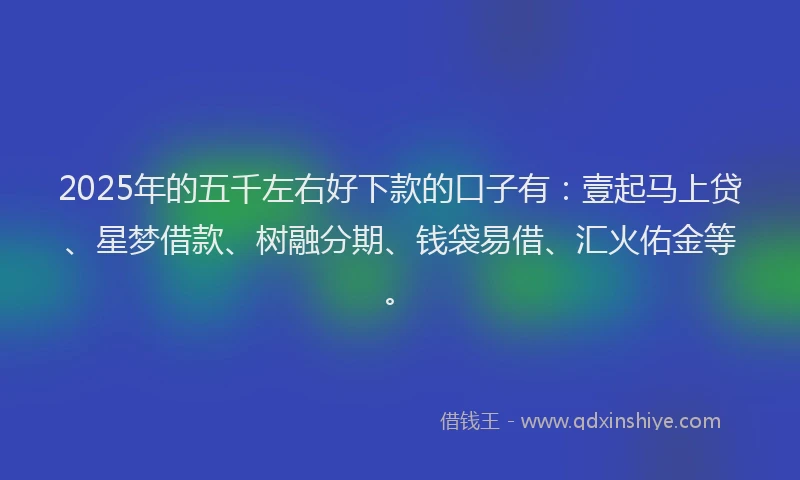 2025年的五千左右好下款的口子有：壹起马上贷、星梦借款、树融分期、钱袋易借、汇火佑金等。