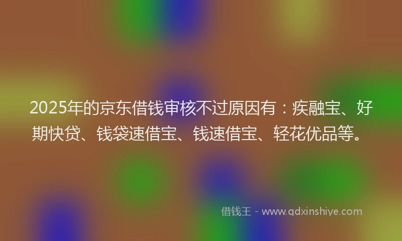 2025年的京东借钱审核不过原因有：疾融宝、好期快贷、钱袋速借宝、钱速借宝、轻花优品等。