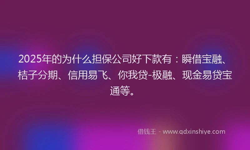 2025年的为什么担保公司好下款有：瞬借宝融、桔子分期、信用易飞、你我贷-极融、现金易贷宝通等。