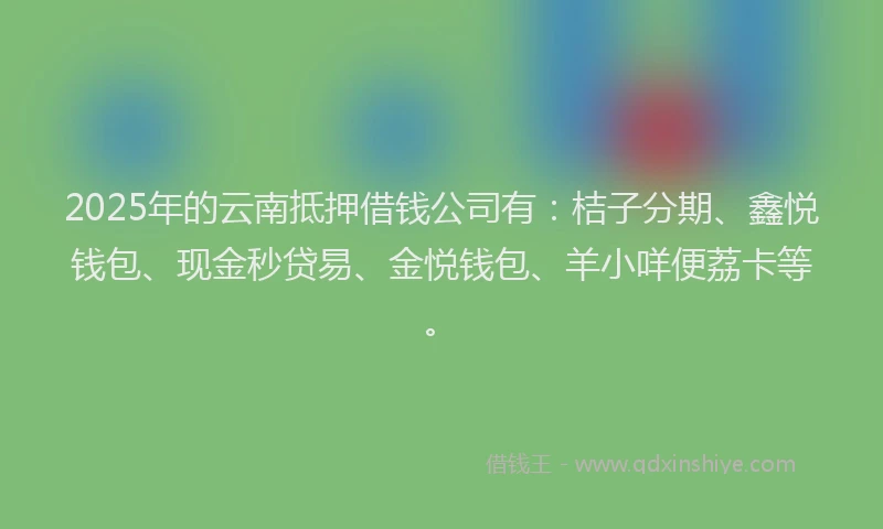 2025年的云南抵押借钱公司有：桔子分期、鑫悦钱包、现金秒贷易、金悦钱包、羊小咩便荔卡等。