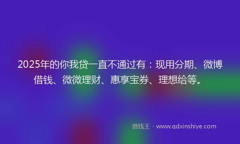 2025年的你我贷一直不通过有：现用分期、微博借钱、微微理财、惠享宝券、理想给等。