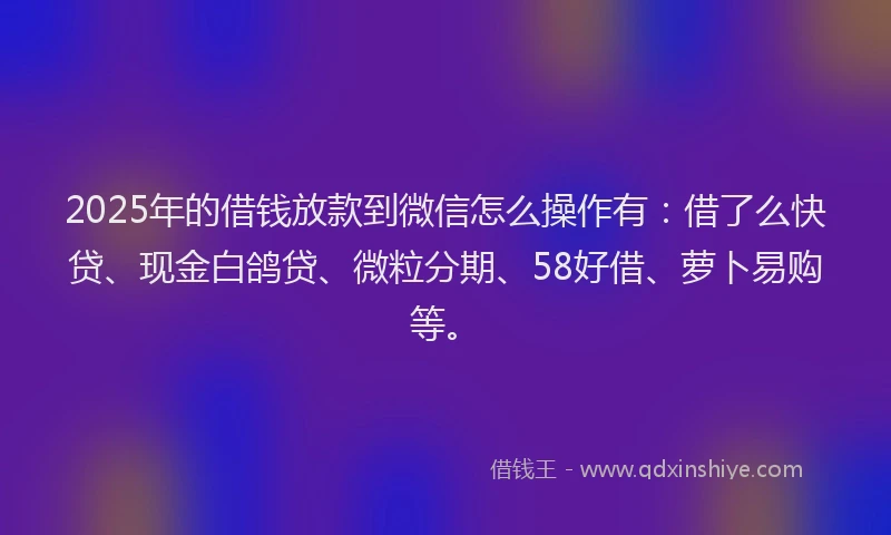 2025年的借钱放款到微信怎么操作有：借了么快贷、现金白鸽贷、微粒分期、58好借、萝卜易购等。