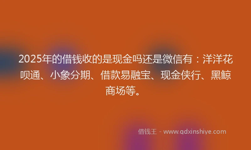 2025年的借钱收的是现金吗还是微信有：洋洋花呗通、小象分期、借款易融宝、现金侠行、黑鲸商场等。