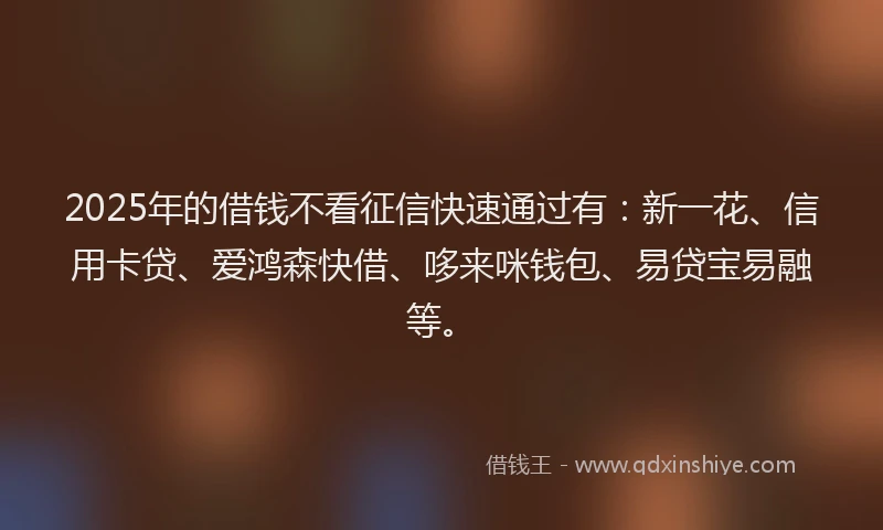 2025年的借钱不看征信快速通过有：新一花、信用卡贷、爱鸿森快借、哆来咪钱包、易贷宝易融等。
