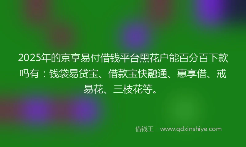 2025年的京享易付借钱平台黑花户能百分百下款吗有：钱袋易贷宝、借款宝快融通、惠享借、戒易花、三枝花等。
