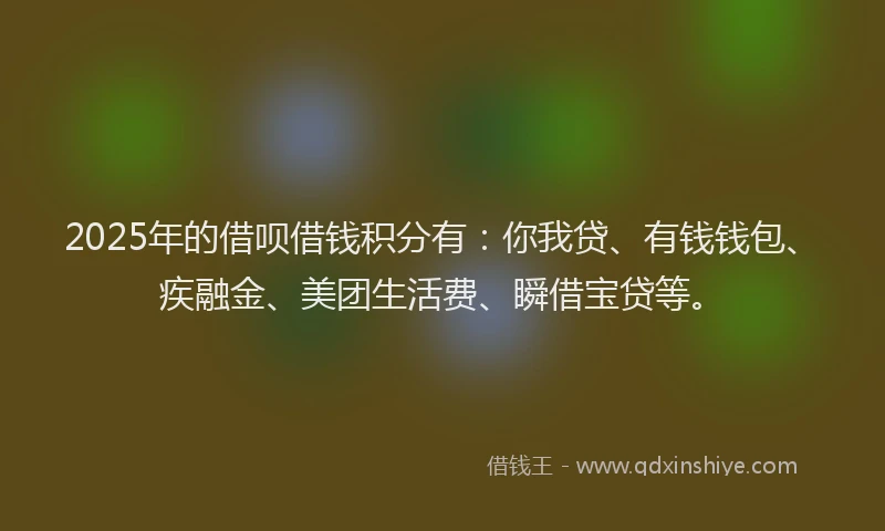 2025年的借呗借钱积分有：你我贷、有钱钱包、疾融金、美团生活费、瞬借宝贷等。