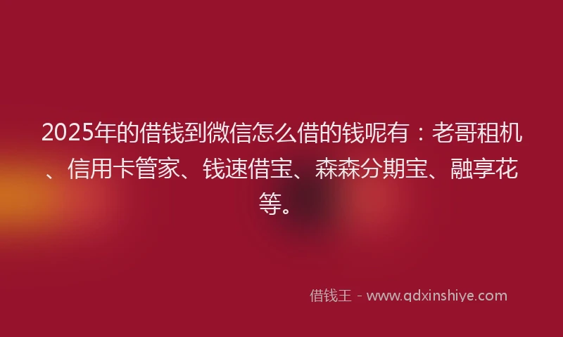 2025年的借钱到微信怎么借的钱呢有：老哥租机、信用卡管家、钱速借宝、森森分期宝、融享花等。