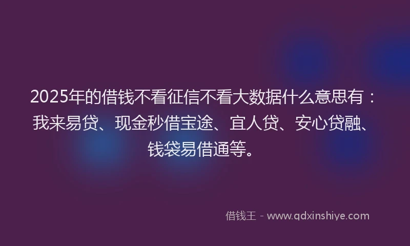 2025年的借钱不看征信不看大数据什么意思有：我来易贷、现金秒借宝途、宜人贷、安心贷融、钱袋易借通等。