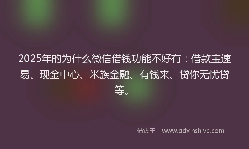 2025年的为什么微信借钱功能不好有：借款宝速易、现金中心、米族金融、有钱来、贷你无忧贷等。