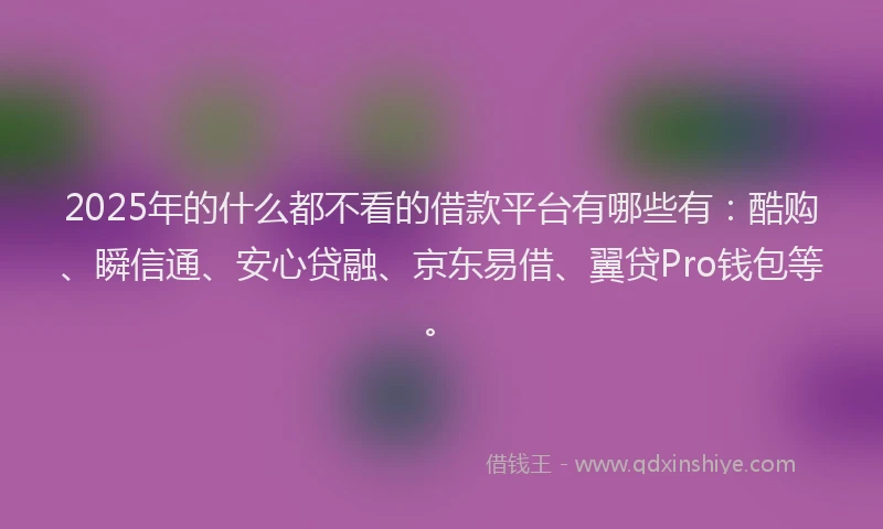 2025年的什么都不看的借款平台有哪些有：酷购、瞬信通、安心贷融、京东易借、翼贷Pro钱包等。