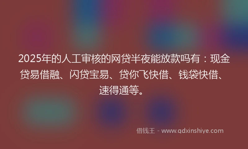 2025年的人工审核的网贷半夜能放款吗有：现金贷易借融、闪贷宝易、贷你飞快借、钱袋快借、速得通等。