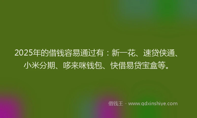 2025年的借钱容易通过有：新一花、速贷侠通、小米分期、哆来咪钱包、快借易贷宝盒等。