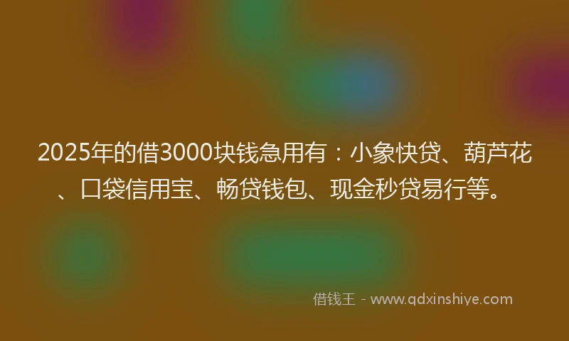 2025年的借3000块钱急用有：小象快贷、葫芦花、口袋信用宝、畅贷钱包、现金秒贷易行等。