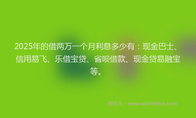 2025年的借两万一个月利息多少有：现金巴士、信用易飞、乐借宝贷、省呗借款、现金贷易融宝等。
