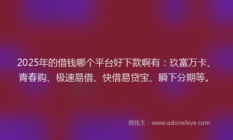2025年的借钱哪个平台好下款啊有：玖富万卡、青春购、极速易借、快借易贷宝、瞬下分期等。