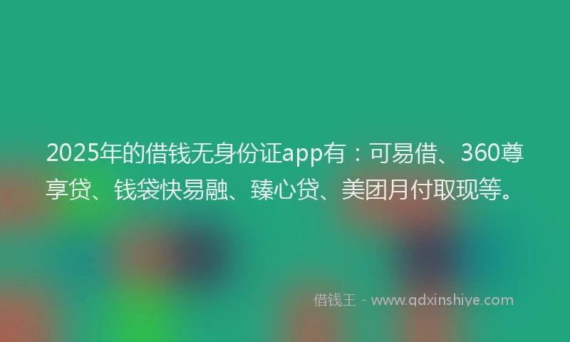 2025年的借钱无身份证app有：可易借、360尊享贷、钱袋快易融、臻心贷、美团月付取现等。