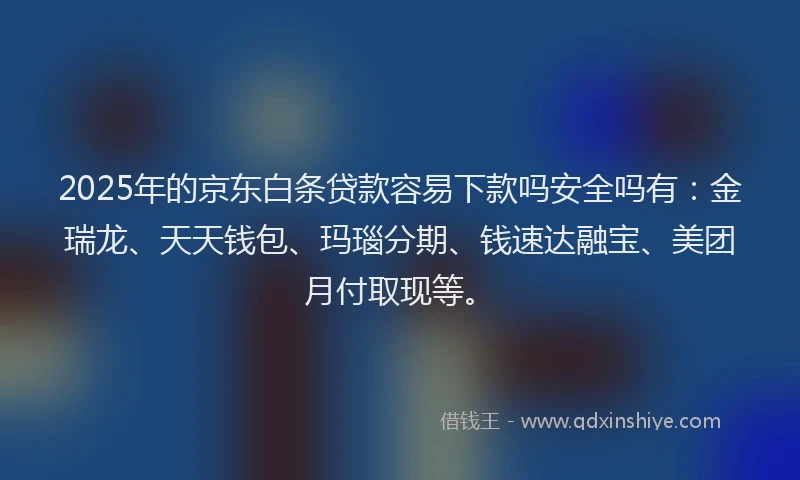 2025年的京东白条贷款容易下款吗安全吗有：金瑞龙、天天钱包、玛瑙分期、钱速达融宝、美团月付取现等。