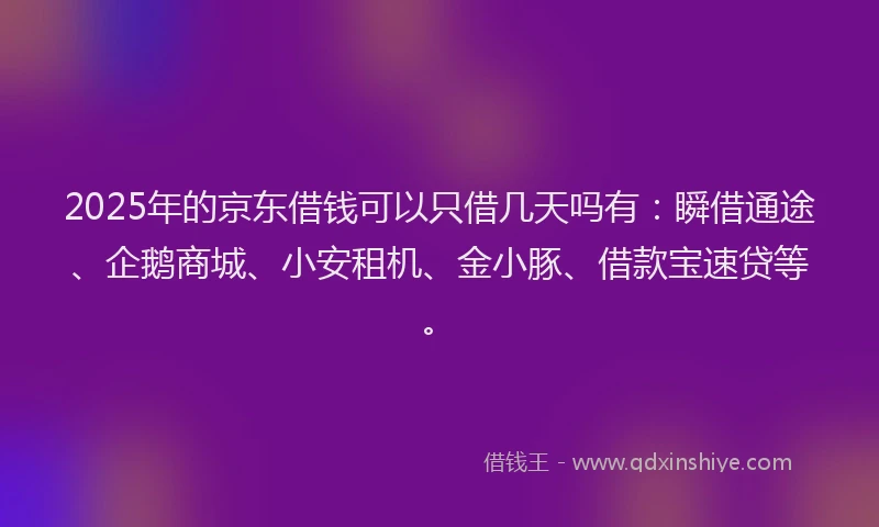 2025年的京东借钱可以只借几天吗有：瞬借通途、企鹅商城、小安租机、金小豚、借款宝速贷等。