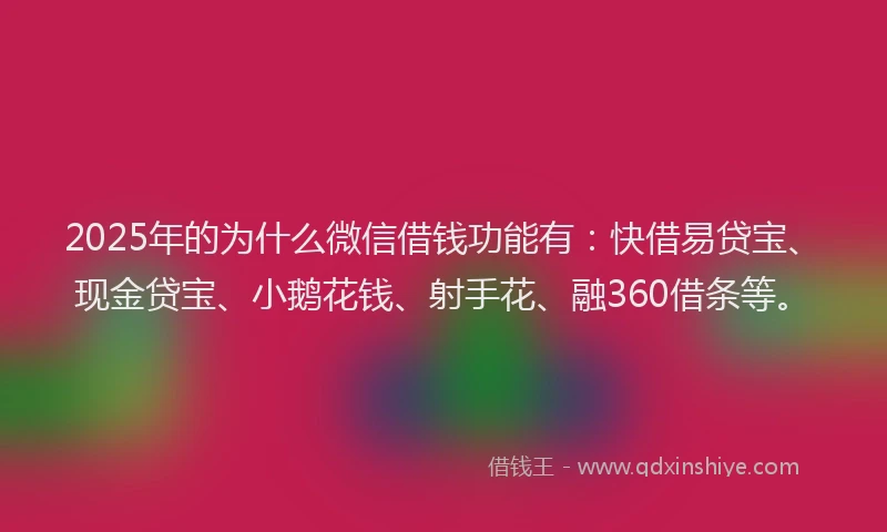 2025年的为什么微信借钱功能有：快借易贷宝、现金贷宝、小鹅花钱、射手花、融360借条等。