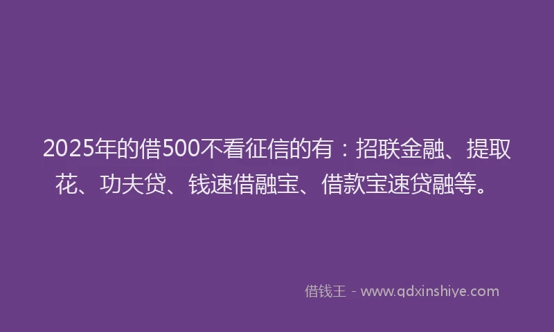 2025年的借500不看征信的有：招联金融、提取花、功夫贷、钱速借融宝、借款宝速贷融等。