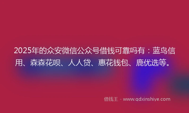 2025年的众安微信公众号借钱可靠吗有：蓝鸟信用、森森花呗、人人贷、惠花钱包、鹿优选等。