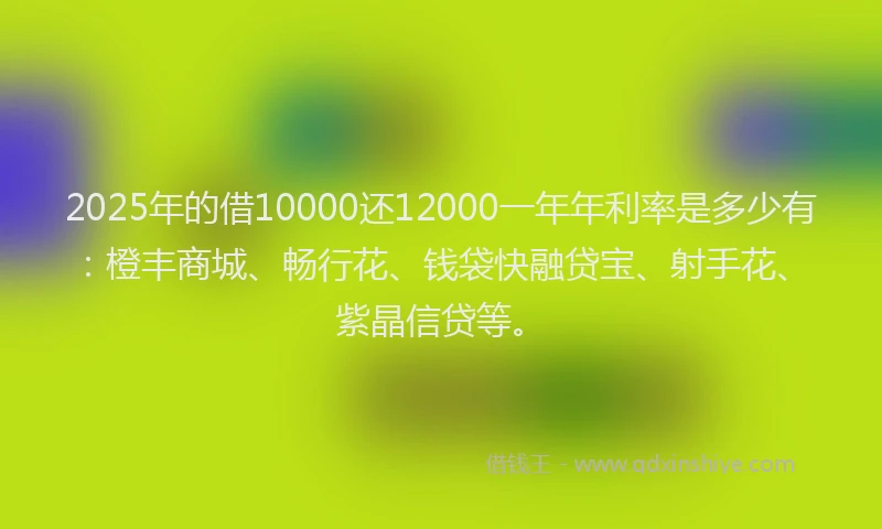 2025年的借10000还12000一年年利率是多少有：橙丰商城、畅行花、钱袋快融贷宝、射手花、紫晶信贷等。