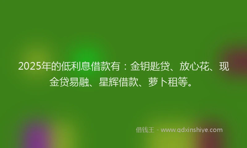 2025年的低利息借款有：金钥匙贷、放心花、现金贷易融、星辉借款、萝卜租等。