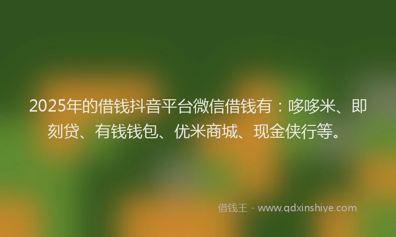 2025年的借钱抖音平台微信借钱有：哆哆米、即刻贷、有钱钱包、优米商城、现金侠行等。