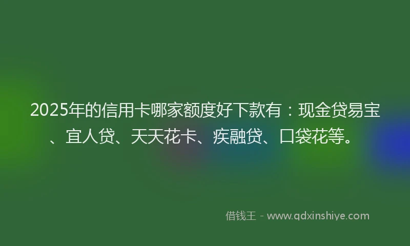 2025年的信用卡哪家额度好下款有：现金贷易宝、宜人贷、天天花卡、疾融贷、口袋花等。