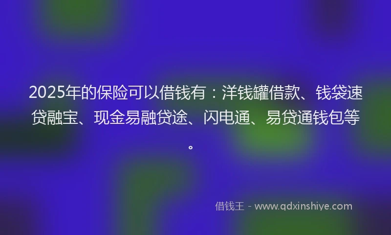 2025年的保险可以借钱有：洋钱罐借款、钱袋速贷融宝、现金易融贷途、闪电通、易贷通钱包等。