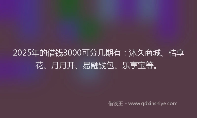 2025年的借钱3000可分几期有：沐久商城、桔享花、月月开、易融钱包、乐享宝等。