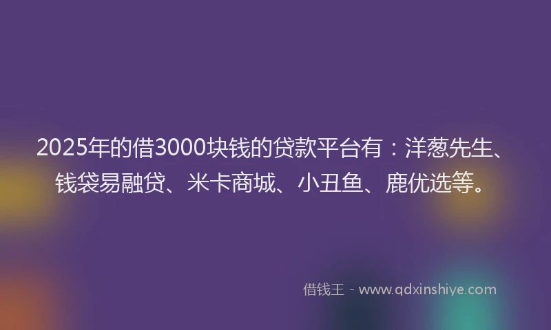 2025年的借3000块钱的贷款平台有：洋葱先生、钱袋易融贷、米卡商城、小丑鱼、鹿优选等。