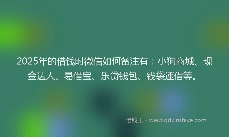 2025年的借钱时微信如何备注有：小狗商城、现金达人、易借宝、乐贷钱包、钱袋速借等。