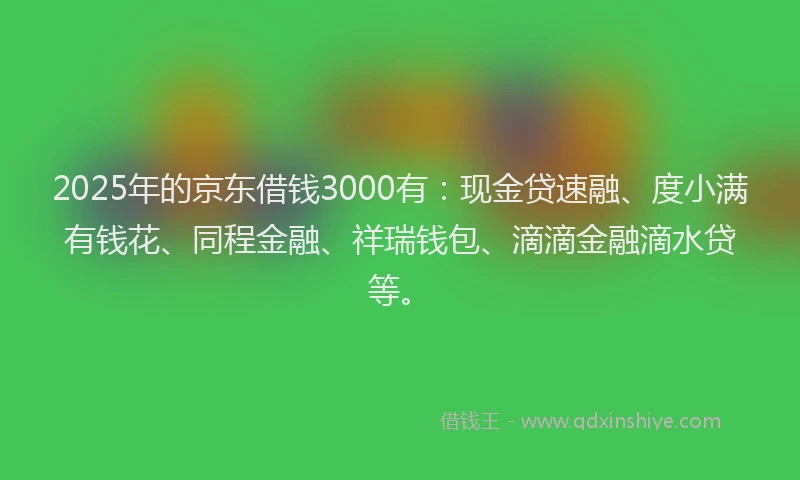 2025年的京东借钱3000有：现金贷速融、度小满有钱花、同程金融、祥瑞钱包、滴滴金融滴水贷等。