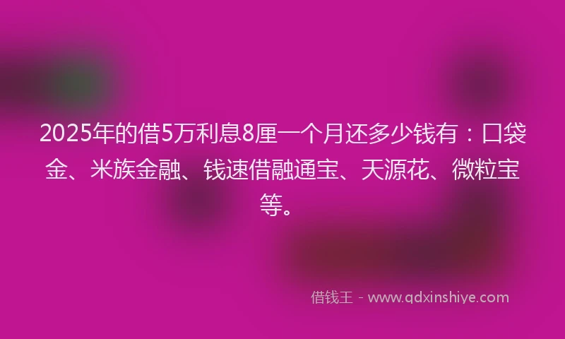 2025年的借5万利息8厘一个月还多少钱有：口袋金、米族金融、钱速借融通宝、天源花、微粒宝等。
