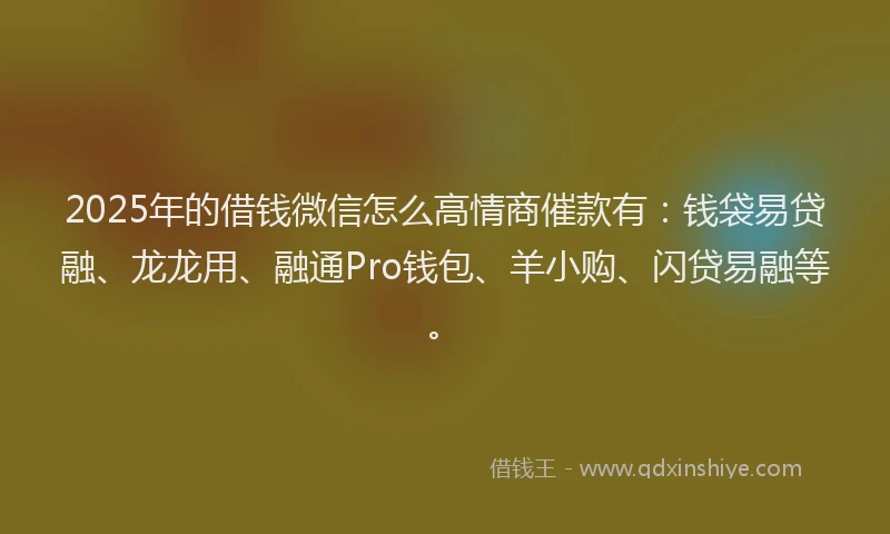 2025年的借钱微信怎么高情商催款有：钱袋易贷融、龙龙用、融通Pro钱包、羊小购、闪贷易融等。