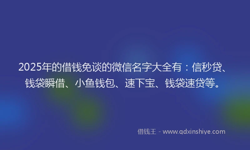2025年的借钱免谈的微信名字大全有：信秒贷、钱袋瞬借、小鱼钱包、速下宝、钱袋速贷等。