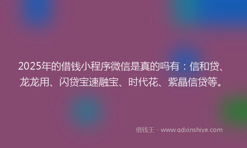 2025年的借钱小程序微信是真的吗有：信和贷、龙龙用、闪贷宝速融宝、时代花、紫晶信贷等。