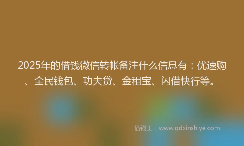 2025年的借钱微信转帐备注什么信息有：优速购、全民钱包、功夫贷、金租宝、闪借快行等。