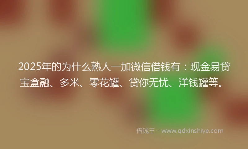 2025年的为什么熟人一加微信借钱有：现金易贷宝盒融、多米、零花罐、贷你无忧、洋钱罐等。