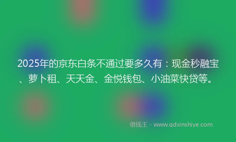 2025年的京东白条不通过要多久有：现金秒融宝、萝卜租、天天金、金悦钱包、小油菜快贷等。