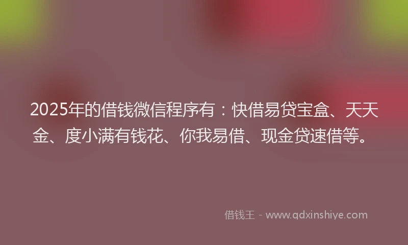2025年的借钱微信程序有：快借易贷宝盒、天天金、度小满有钱花、你我易借、现金贷速借等。