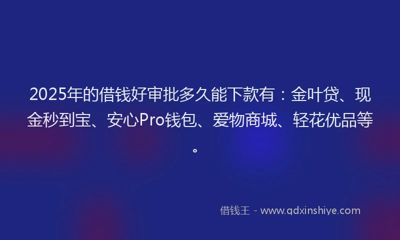 2025年的借钱好审批多久能下款有：金叶贷、现金秒到宝、安心Pro钱包、爱物商城、轻花优品等。