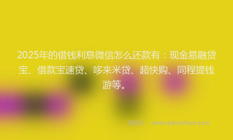 2025年的借钱利息微信怎么还款有：现金易融贷宝、借款宝速贷、哆来米贷、超快购、同程提钱游等。