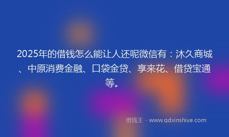 2025年的借钱怎么能让人还呢微信有：沐久商城、中原消费金融、口袋金贷、享来花、借贷宝通等。