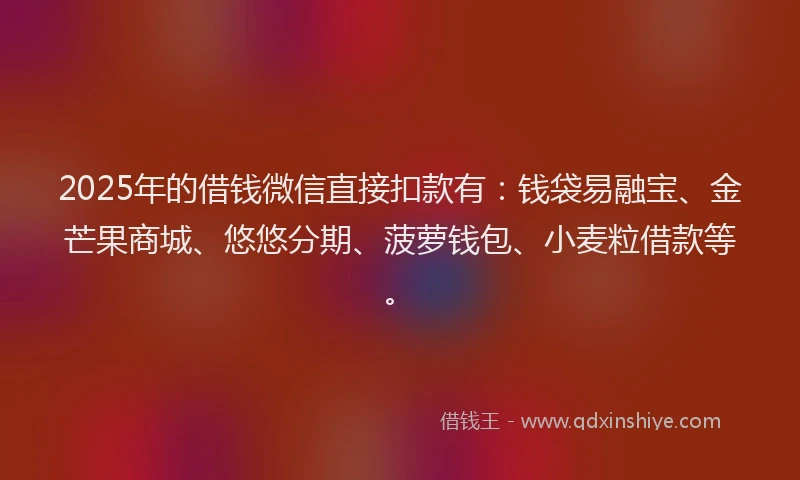 2025年的借钱微信直接扣款有：钱袋易融宝、金芒果商城、悠悠分期、菠萝钱包、小麦粒借款等。