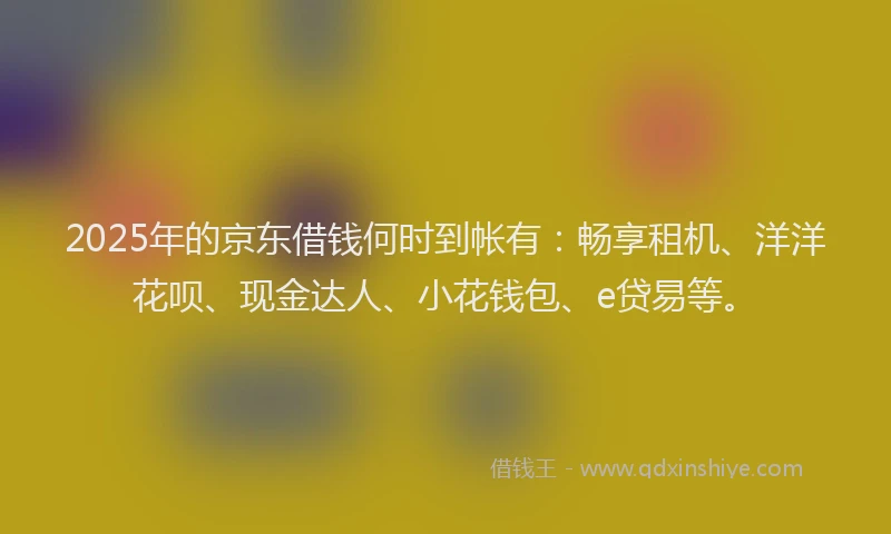 2025年的京东借钱何时到帐有：畅享租机、洋洋花呗、现金达人、小花钱包、e贷易等。